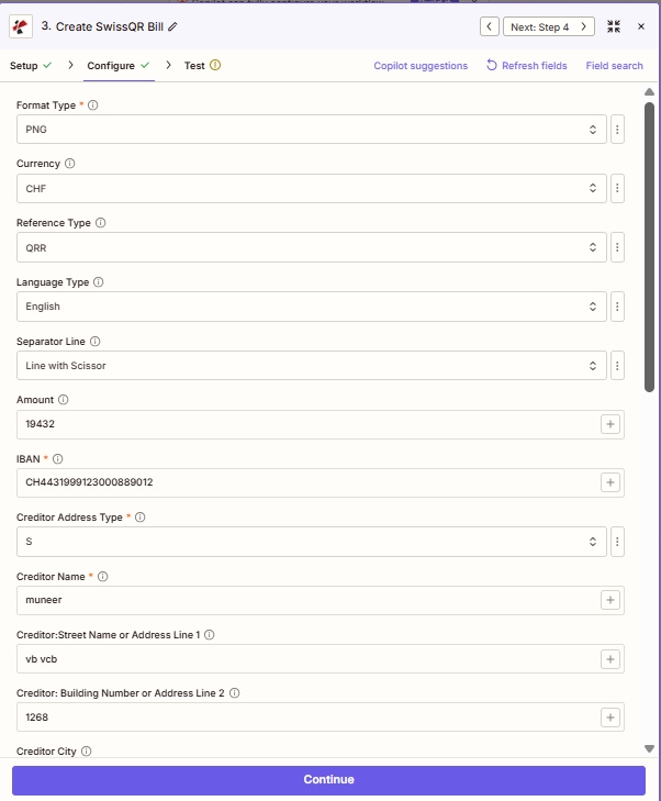 Clique para ampliar Zapier PDF4me Criar Fatura SwissQR Etapa de configuração: Tipo de formato PNG, Moeda CHF, Tipo de referência QRR, Tipo de idioma Inglês, Linha separadora, Valor, IBAN, Tipo de endereço do credor S, Nome do credor e campos de endereço do credor